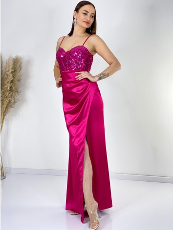 Dámske dlhé spoločenské saténové šaty s flitrovaným korzetom a razporkom - fuksiové