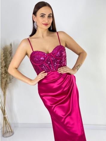 Dámske dlhé spoločenské saténové šaty s flitrovaným korzetom a razporkom - fuksiové