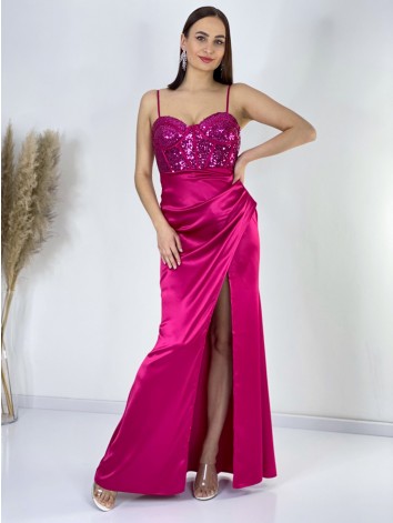 Dámske dlhé spoločenské saténové šaty s flitrovaným korzetom a razporkom - fuksiové
