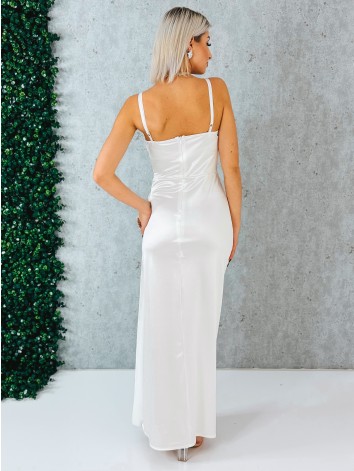 Dámske dlhé spoločenské šaty na ramienka s rázporkom - biele