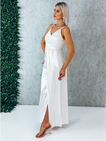 Dámske dlhé spoločenské šaty na ramienka s rázporkom - biele