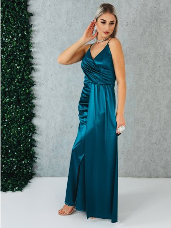 Dámske dlhé spoločenské šaty na ramienka s rázporkom - petrolejové
