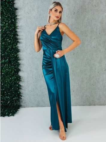 Dámske dlhé spoločenské šaty na ramienka s rázporkom - petrolejové