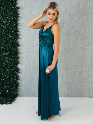 Dámske dlhé spoločenské šaty na ramienka s rázporkom - petrolejové