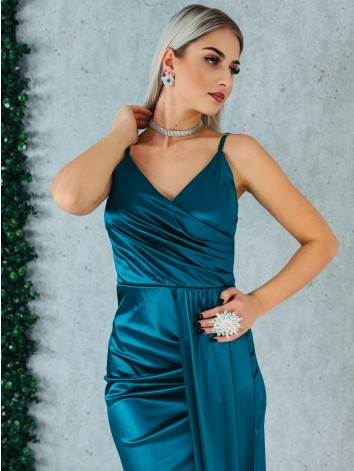 Dámske dlhé spoločenské šaty na ramienka s rázporkom - petrolejové