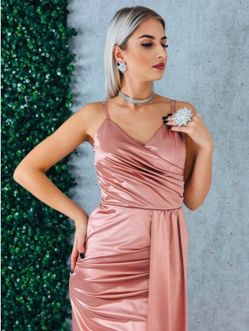Dámske dlhé spoločenské šaty na ramienka s rázporkom - staroružové