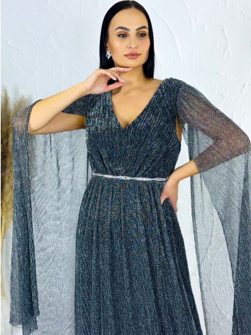 Dámske dlhé spoločenské šaty s opaskom - strieborné