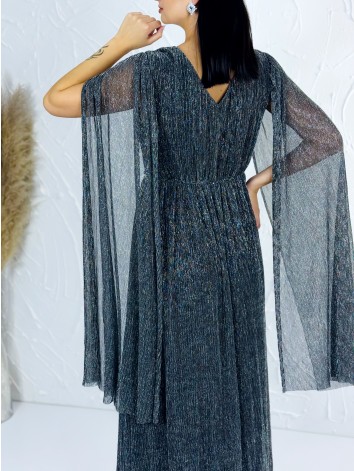 Dámske dlhé spoločenské šaty s opaskom - strieborné