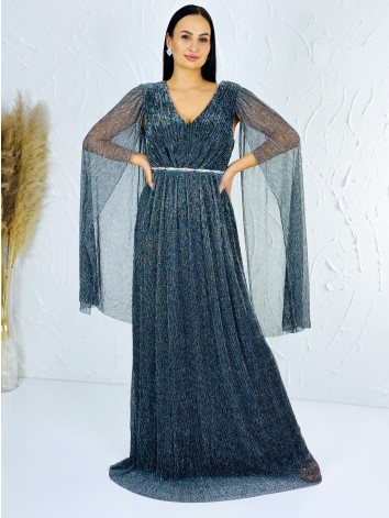 Dámske dlhé spoločenské šaty s opaskom - strieborné