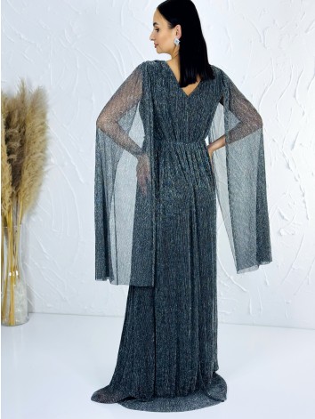 Dámske dlhé spoločenské šaty s opaskom - strieborné