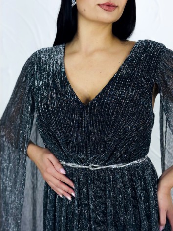 Dámske dlhé spoločenské šaty s opaskom - strieborné