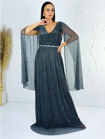 Dámske dlhé spoločenské šaty s opaskom - strieborné