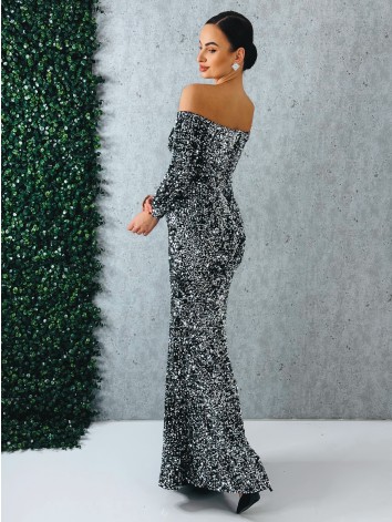 Dámske dlhé strieborno-čierne spoločenské šaty s flitrami a dlhými rukávmi