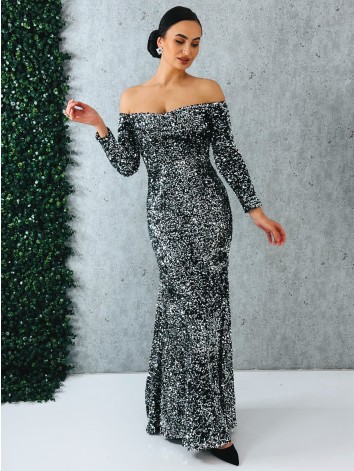 Dámske dlhé strieborno-čierne spoločenské šaty s flitrami a dlhými rukávmi