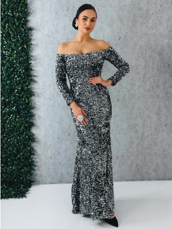 Dámske dlhé strieborno-čierne spoločenské šaty s flitrami a dlhými rukávmi