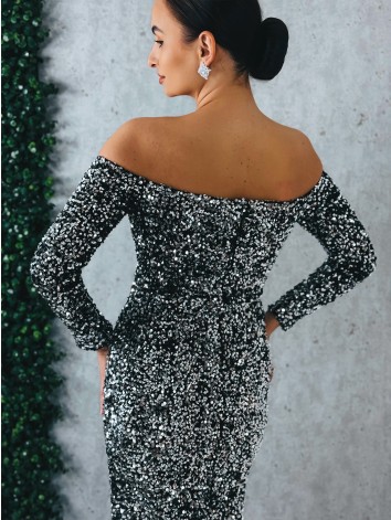 Dámske dlhé strieborno-čierne spoločenské šaty s flitrami a dlhými rukávmi