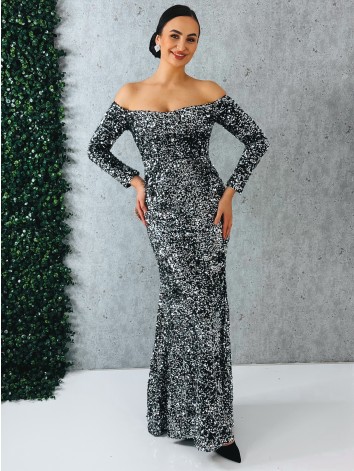 Dámske dlhé strieborno-čierne spoločenské šaty s flitrami a dlhými rukávmi
