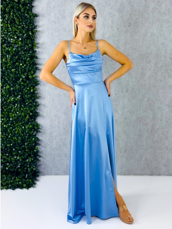 Dámske dlhé svetlomodré spoločenské šaty na ramienka s rázporkom