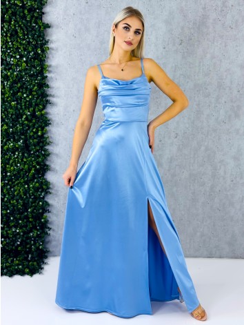 Dámske dlhé svetlomodré spoločenské šaty na ramienka s rázporkom