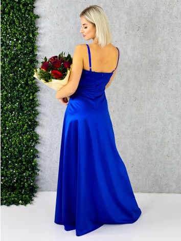 Dámske dlhé tmavomodré spoločenské šaty na ramienka s rázporkom