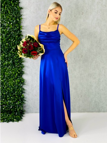 Dámske dlhé tmavomodré spoločenské šaty na ramienka s rázporkom