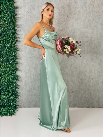 Dámske dlhé tyrkysové spoločenské šaty na ramienka s rázporkom