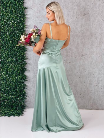 Dámske dlhé tyrkysové spoločenské šaty na ramienka s rázporkom