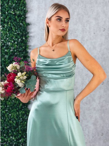 Dámske dlhé tyrkysové spoločenské šaty na ramienka s rázporkom