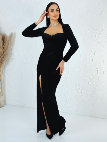 Dámske dlhé zamatové spoločenské šaty s razporkom - čierne