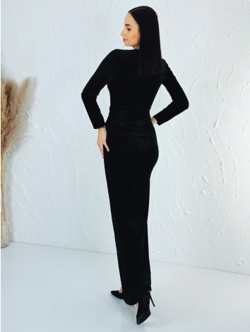 Dámske dlhé zamatové spoločenské šaty s razporkom - čierne