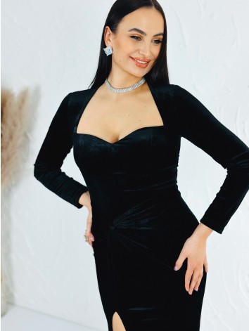 Dámske dlhé zamatové spoločenské šaty s razporkom - čierne