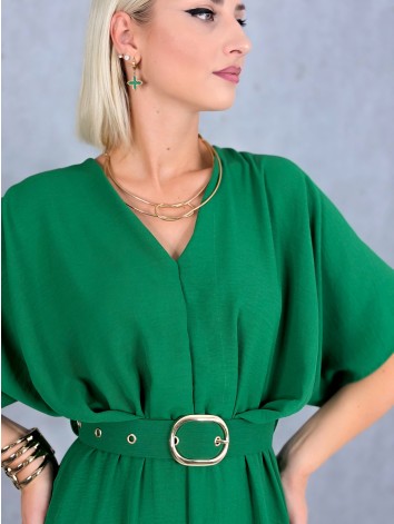 Dámske dlhé zelené elegantné šaty s opaskom a véčkovm výstrihom