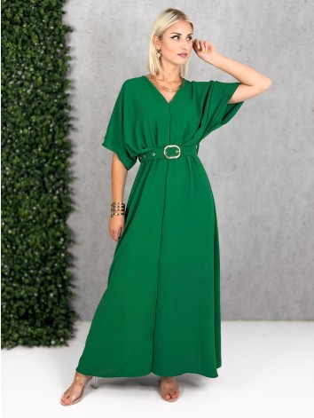 Dámske dlhé zelené elegantné šaty s opaskom a véčkovm výstrihom