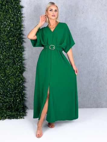Dámske dlhé zelené elegantné šaty s opaskom a véčkovm výstrihom