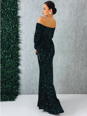 Dámske dlhé zelené spoločenské šaty s flitrami a dlhými rukávmi