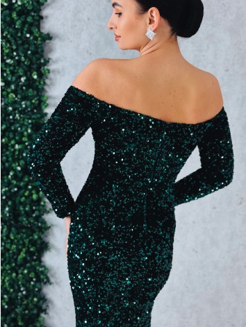 Dámske dlhé zelené spoločenské šaty s flitrami a dlhými rukávmi