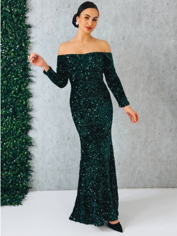 Dámske dlhé zelené spoločenské šaty s flitrami a dlhými rukávmi