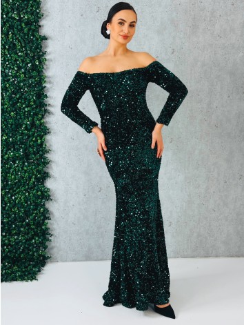 Dámske dlhé zelené spoločenské šaty s flitrami a dlhými rukávmi