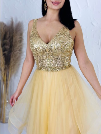 Dámske dlhé zlaté spločenské šaty s tylovou sukňou