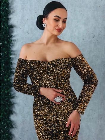 Dámske dlhé zlaté spoločenské šaty s flitrami a dlhými rukávmi