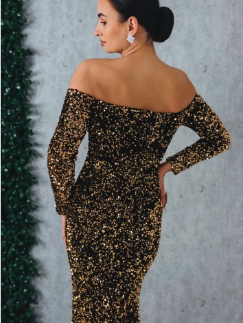 Dámske dlhé zlaté spoločenské šaty s flitrami a dlhými rukávmi