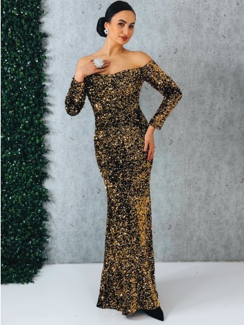 Dámske dlhé zlaté spoločenské šaty s flitrami a dlhými rukávmi