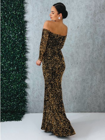 Dámske dlhé zlaté spoločenské šaty s flitrami a dlhými rukávmi