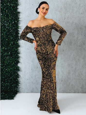 Dámske dlhé zlaté spoločenské šaty s flitrami a dlhými rukávmi