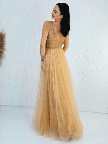 Dámske dlhé zlaté spoločenské šaty s kamienkami