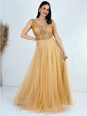 Dámske dlhé zlaté spoločenské šaty s kamienkami
