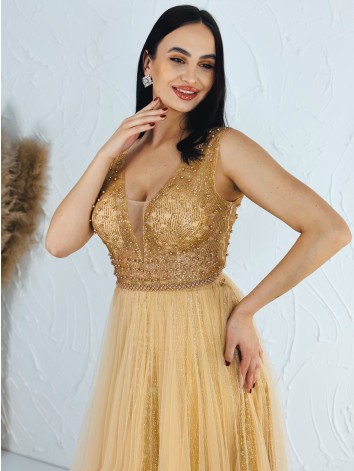 Dámske dlhé zlaté spoločenské šaty s kamienkami