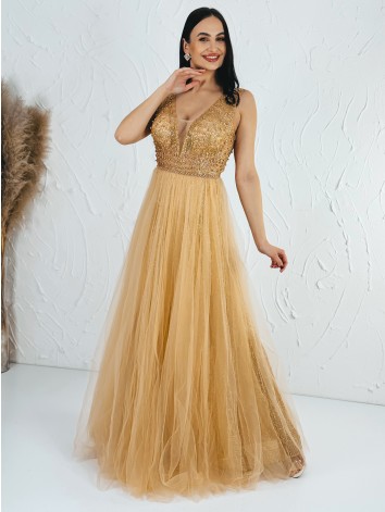 Dámske dlhé zlaté spoločenské šaty s kamienkami