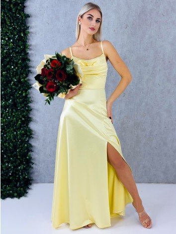 Dámske dlhé žlté spoločenské šaty na ramienka s rázporkom