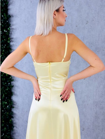 Dámske dlhé žlté spoločenské šaty na ramienka s rázporkom